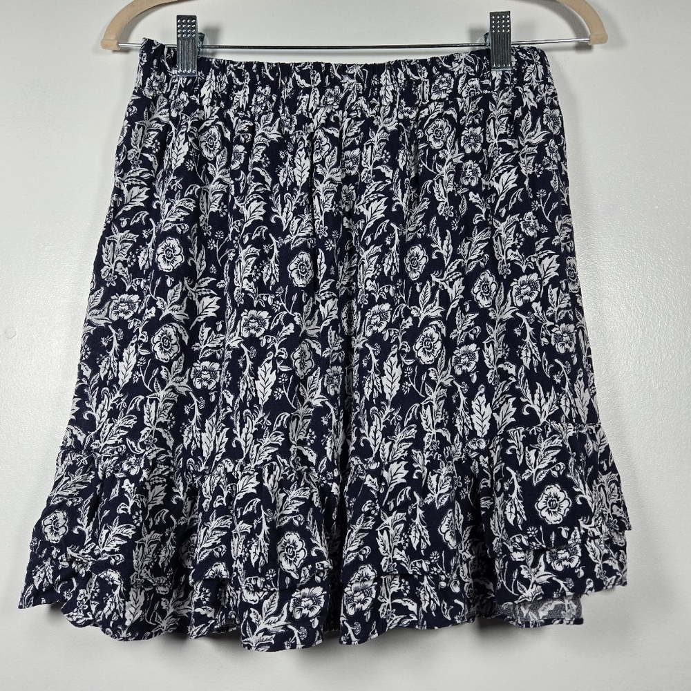 C&C Californina Navy Blue Floral Ruffle Tiered Pull On Mini Skirt Size Small